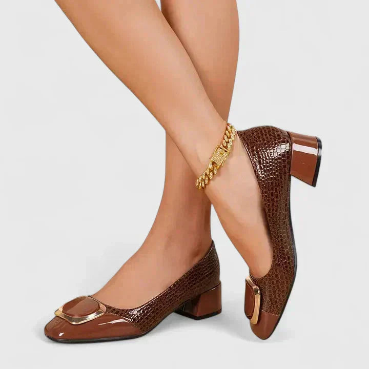 Versatile women's square toe slip-on loafers with croc embossing & block heel. Great for office, fashion, casual chic.