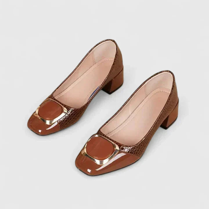 Fashion-forward women's square toe croc embossed block heel loafers. Designer-style slip-on shoes for modern office.