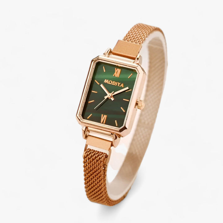 Elegant women's brown square watch with magnetic band. Modern quartz movement, versatile fashion accessory.