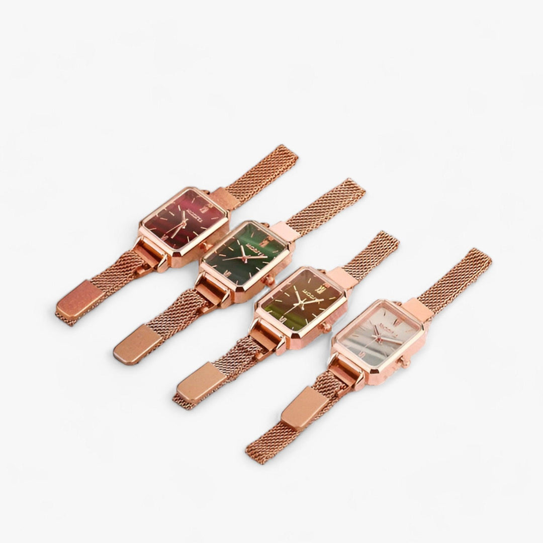 Fashionable women's green square watch with magnetic band. Elegant design, a stylish and versatile timepiece.