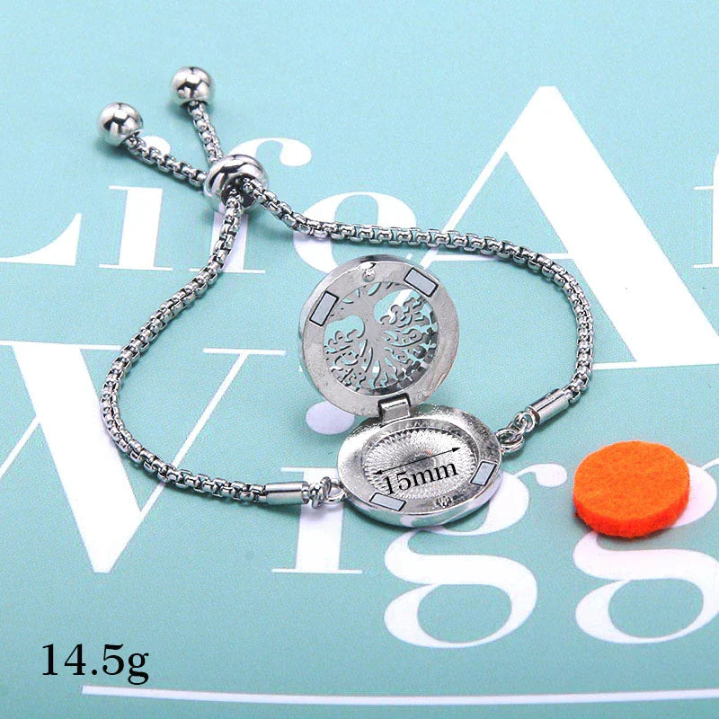 Women's aromatherapy diffuser bracelet, stainless steel, for portable essential oil wellness.