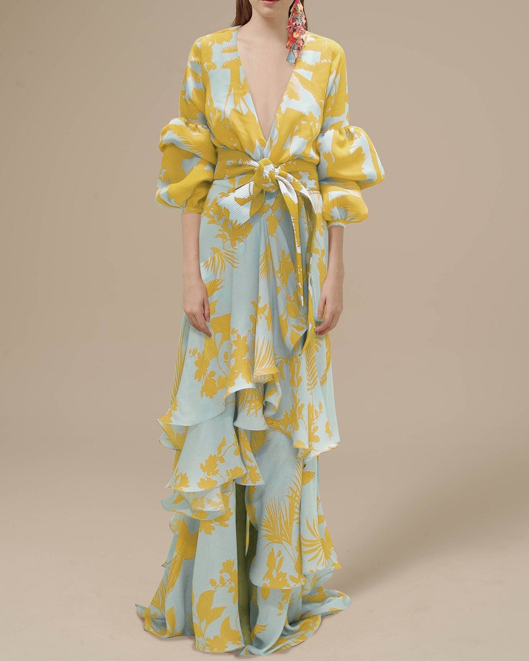 Women's statement floral ruffle maxi dress with belt. Elegant, flowy, long sleeve, perfect for parties & wedding guests.