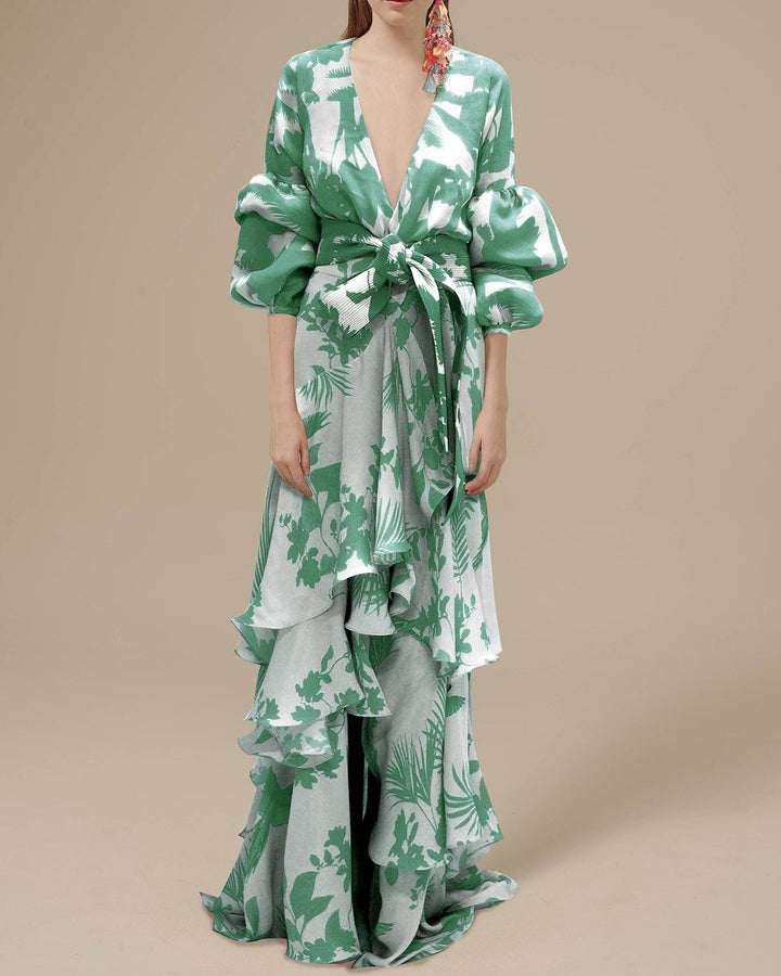 Elegant women's floral ruffle maxi dress, ideal for special occasions, parties, or wedding guests. Features a chic belt.
