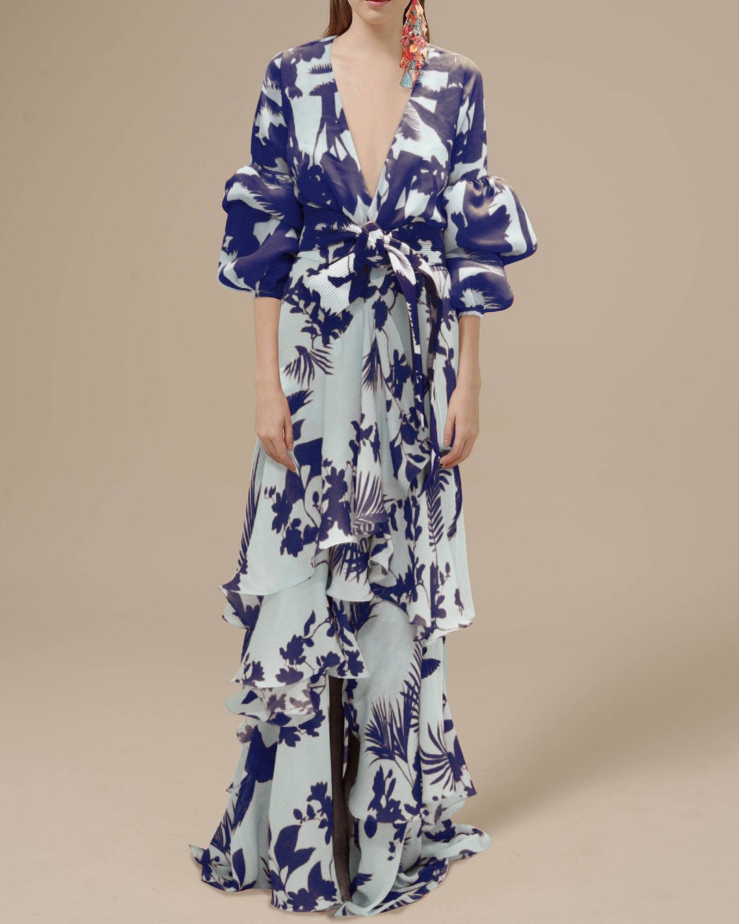 Flowy long sleeve women's statement maxi dress with vibrant floral print, ruffles, and a stylish belt. Elegant & chic.
