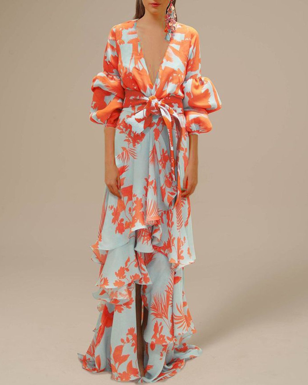 Chic women's statement floral maxi dress with ruffles & belt, suitable for elegant parties & special events. Long sleeve.