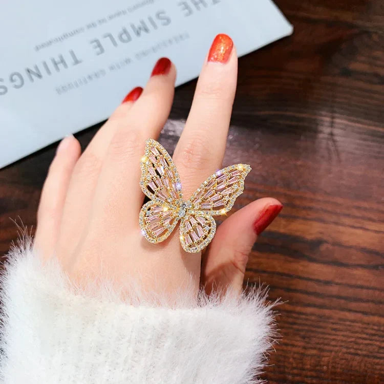 Delicate crystal butterfly ring for women, crafted in sterling silver. Perfect symbolic jewelry, a thoughtful gift.