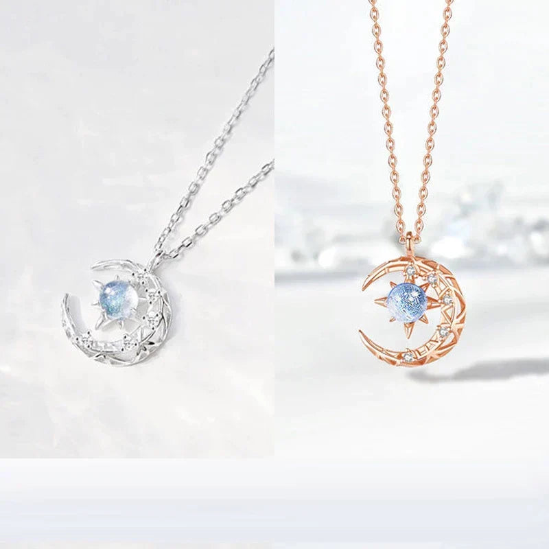 Close-up of a shimmering silver necklace with a beautiful half moon and star celestial pendant for women.