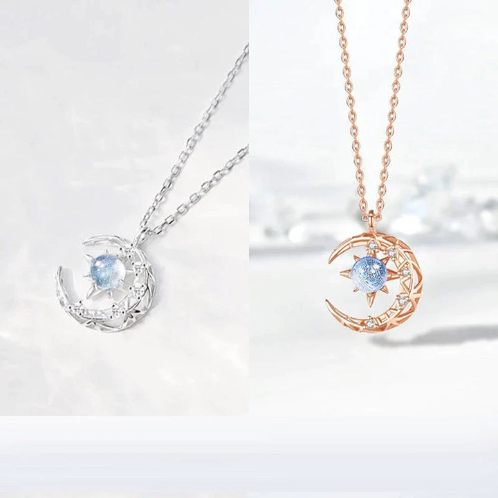 Close-up of a shimmering silver necklace with a beautiful half moon and star celestial pendant for women.