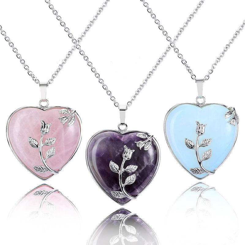 Women's sterling silver heart gemstone necklace. Adjustable fine jewelry, romantic gift for her.