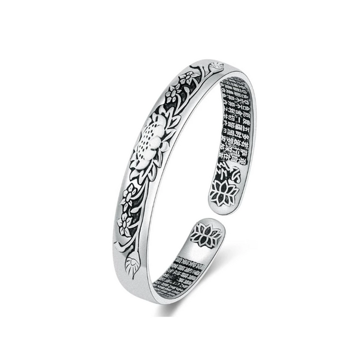 Women's sterling silver lotus bracelet, symbolizing tranquility and elegance.