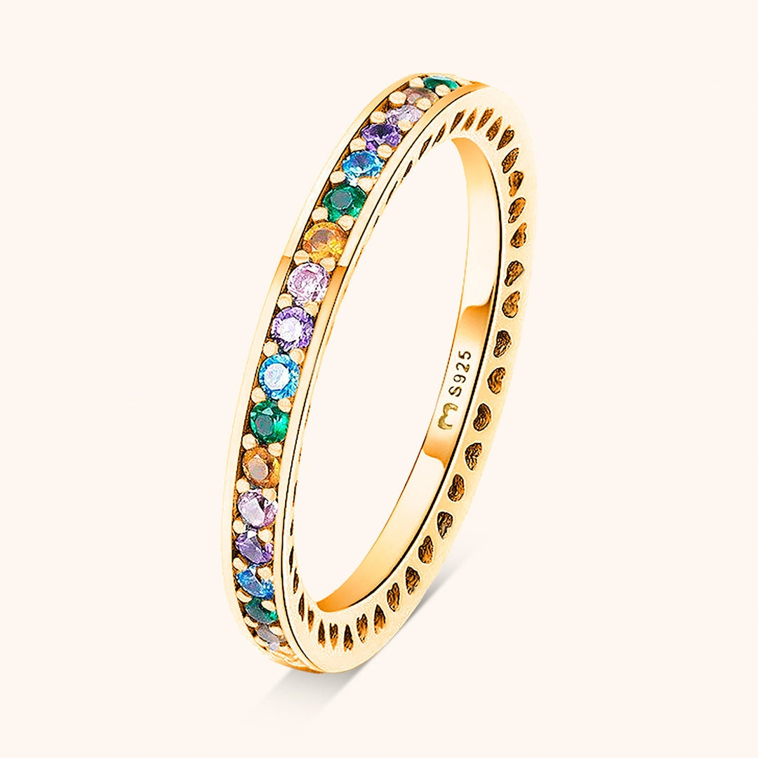 Elegant women's sterling silver rainbow zirconia ring, a chic and colorful stacking band, ideal for any occasion.