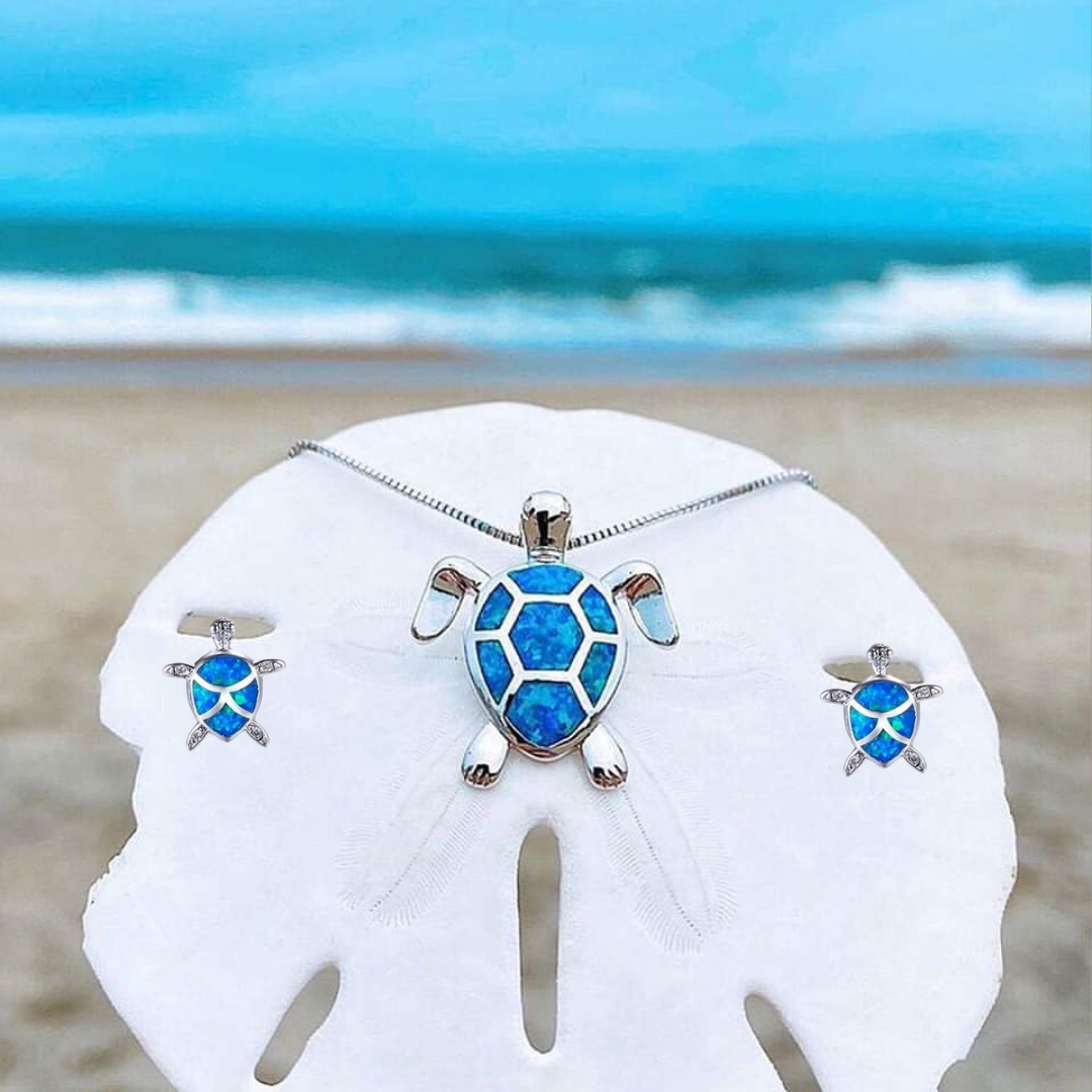 Women's sterling silver turtle necklace with opal earrings set. Ocean-inspired jewelry gift.