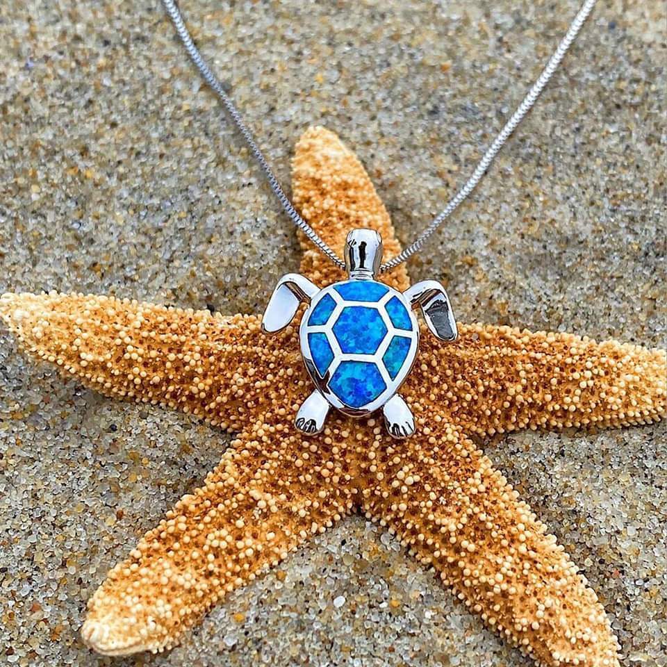 Elegant sterling silver turtle pendant necklace & matching opal stud earrings set for women.