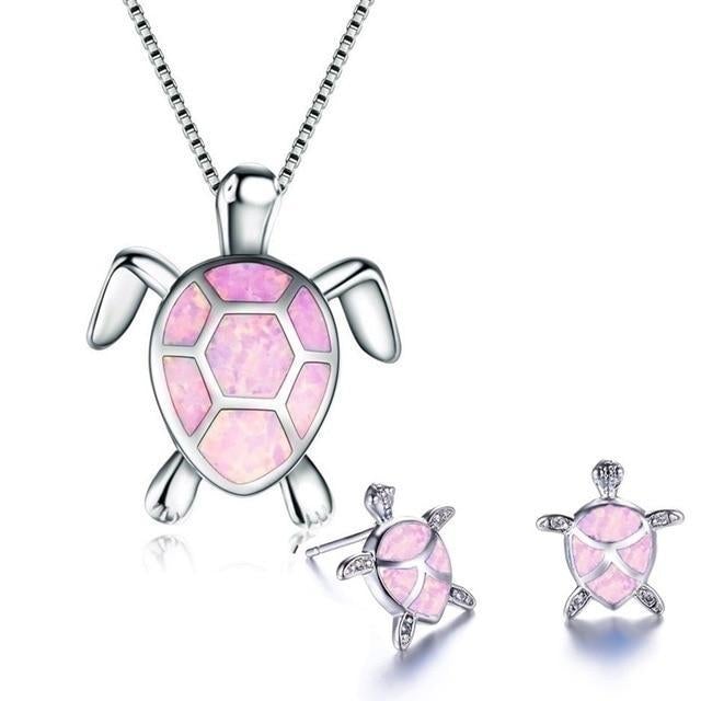 Beautiful sterling silver turtle pendant necklace and matching opal stud earrings for women.