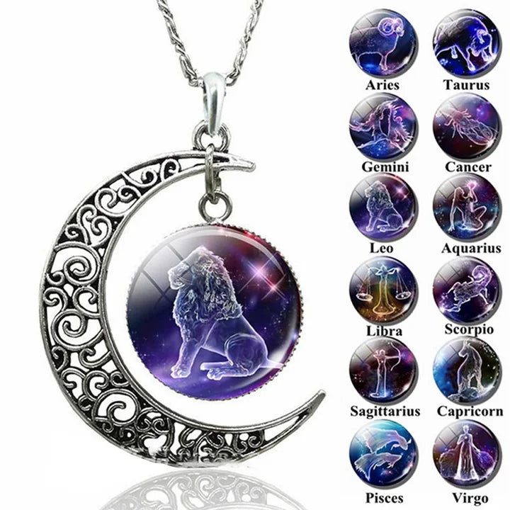 Women's sterling silver Zodiac Moon pendant necklace, elegant celestial star sign jewelry.