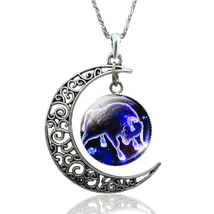 Chic women's celestial star sign necklace with a sterling silver Zodiac Moon pendant.