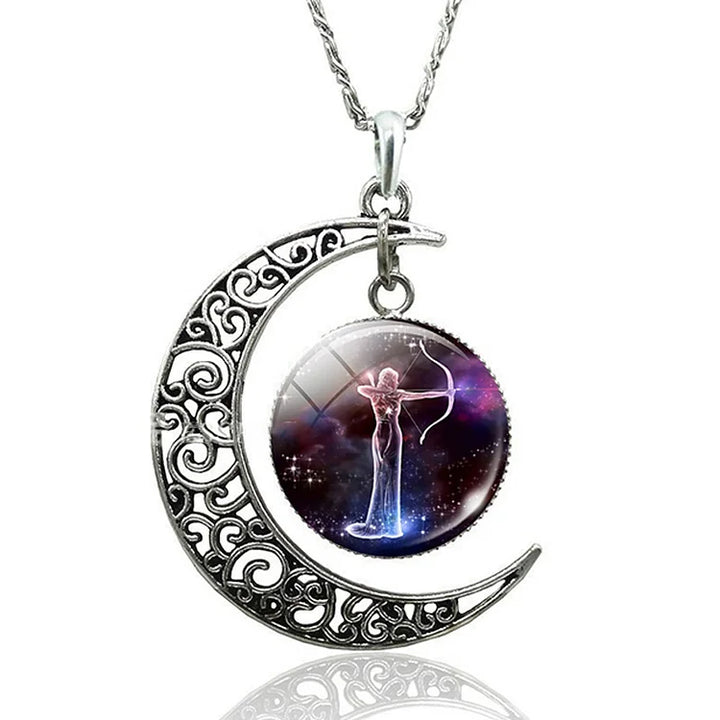 Detailed sterling silver Zodiac Moon necklace, exquisite celestial star sign jewelry.