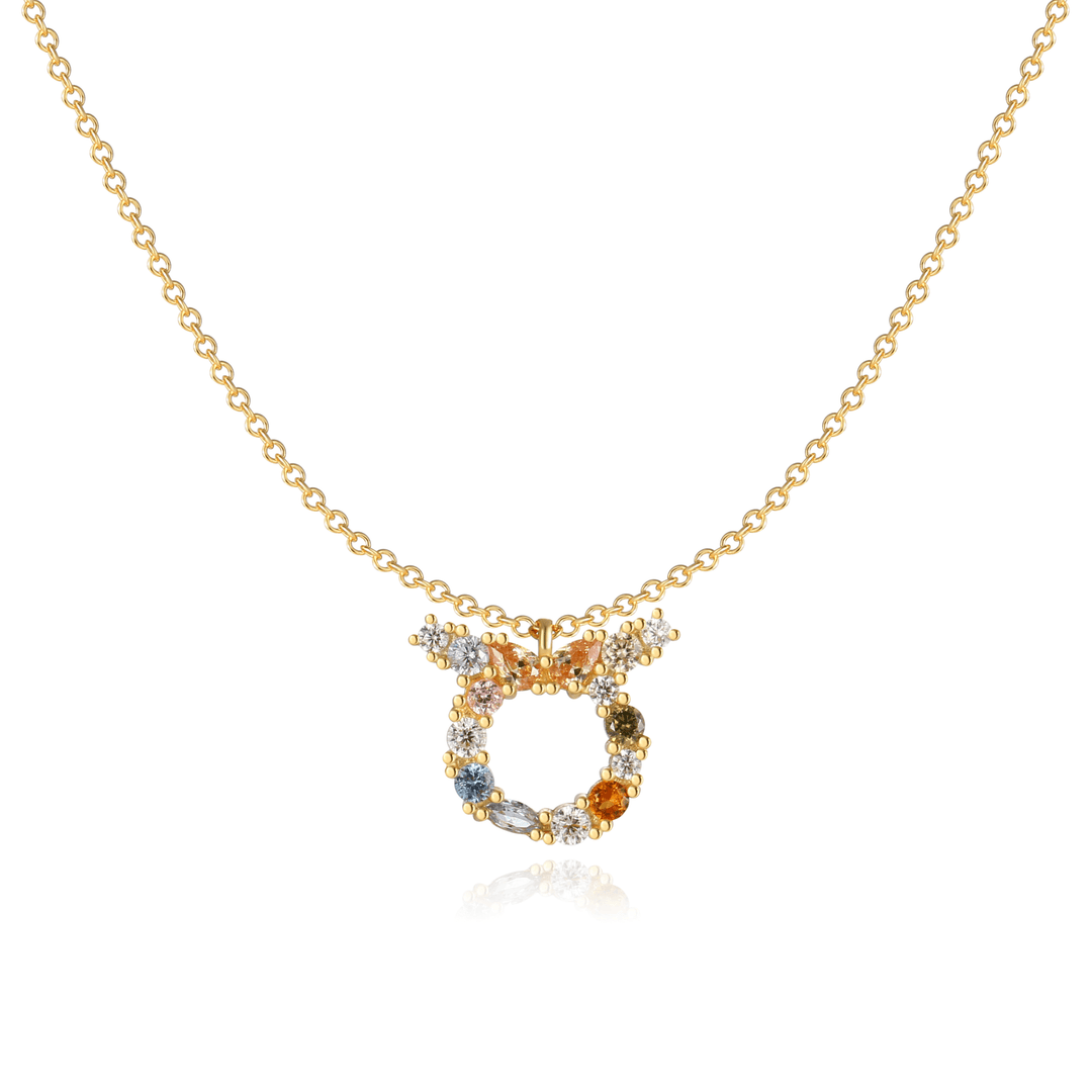Close-up of a sterling silver zodiac charm necklace.