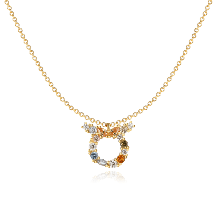 Close-up of a sterling silver zodiac charm necklace.