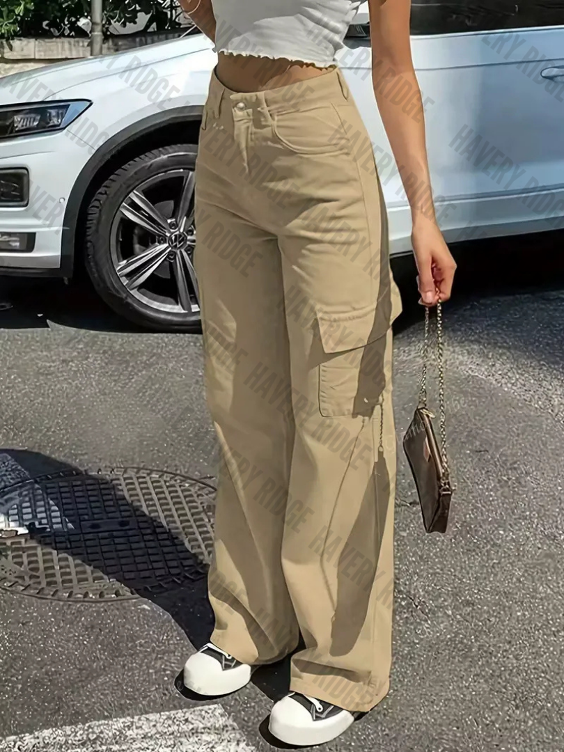 Women's straight-fit cargo pants with adjustable waist in classic khaki. Comfortable multi-pocket utility wear.