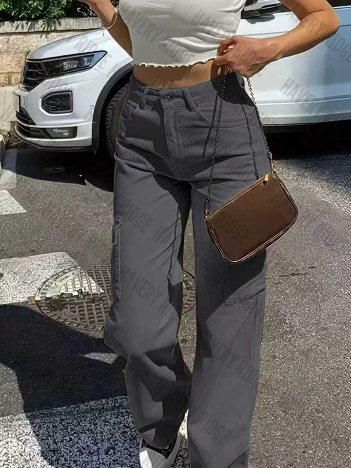 Back view of women's gray straight-fit cargo pants, highlighting the comfortable, multi-pocket design.