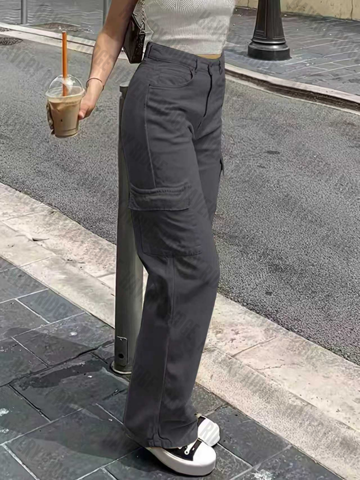 Side view of women's white cargo pants, straight fit, adjustable waist, and utility pockets for modern fashion.