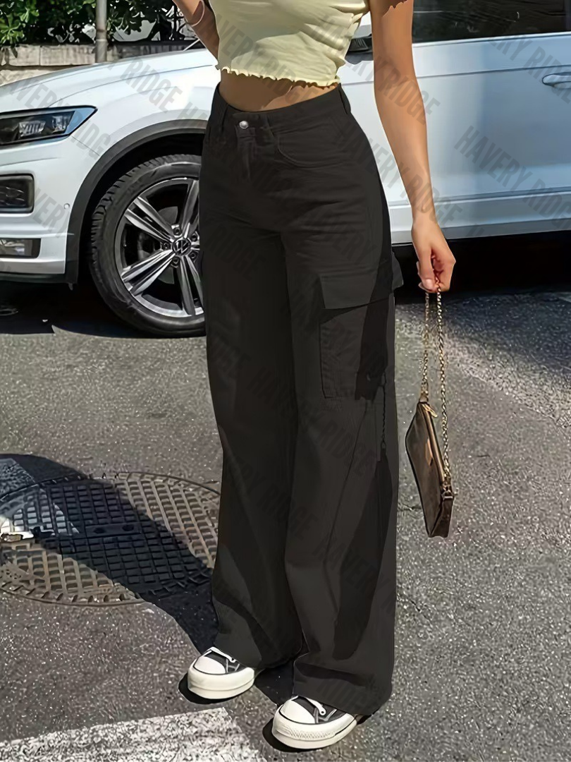 Green women's adjustable waist cargo pants, straight fit, multi-pocket design for comfortable everyday fashion.