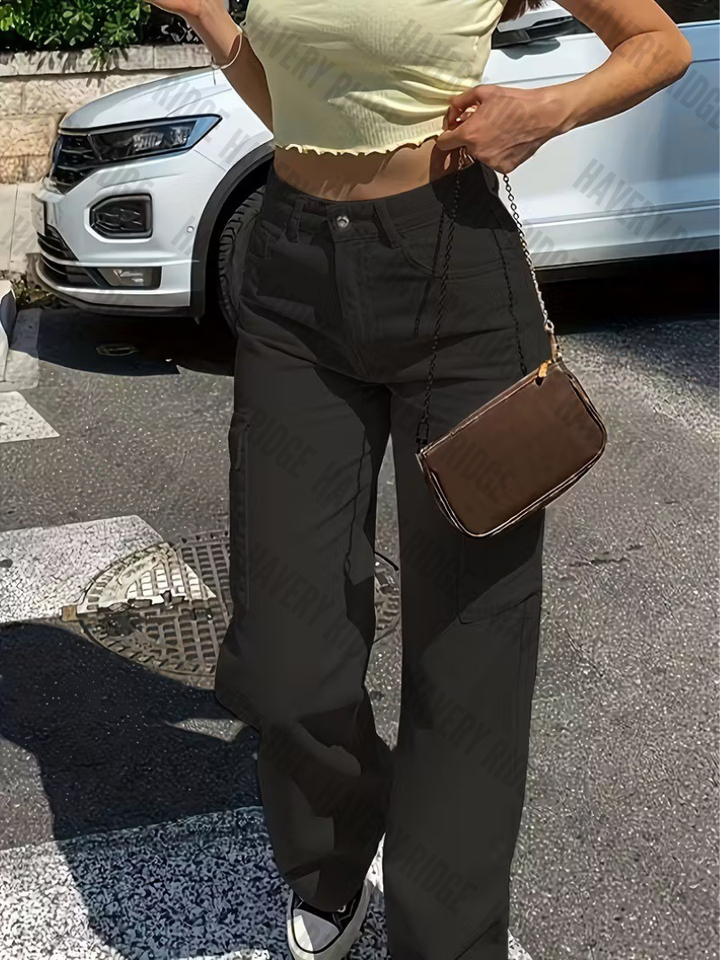 Gray women's straight-fit cargo pants with adjustable waist. Stylish multi-pocket utility pants for casual fashion.