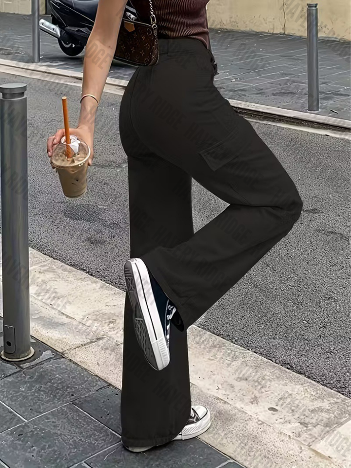 White women's cargo pants, straight fit, adjustable waist, and utility pockets. Perfect for casual, comfortable wear.
