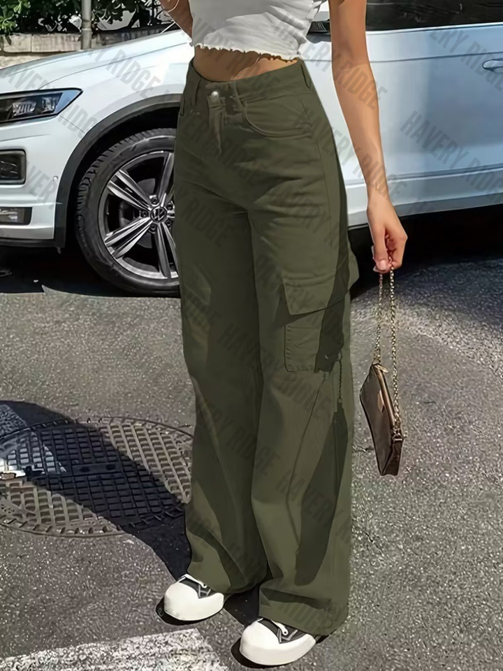 Close-up of adjustable waist on women's straight-fit cargo pants, showing comfortable utility design.