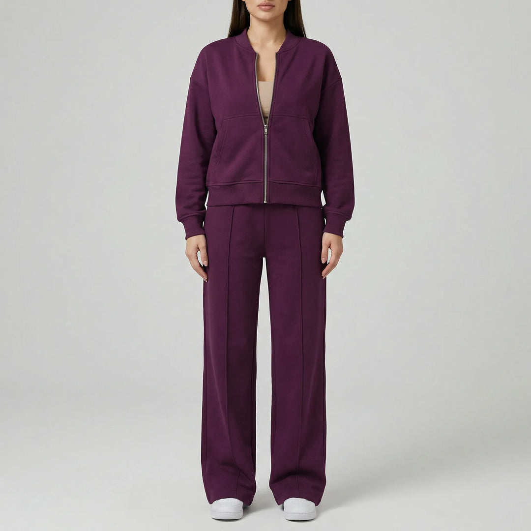 Trendy women's straight leg trousers set with jacket; a fashionable two-piece for modern women's fashion.