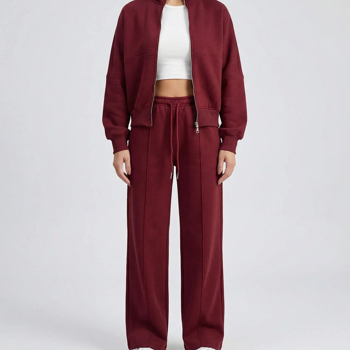 Stylish women's straight leg trousers set with jacket, perfect for a coordinated effortless fashion statement.