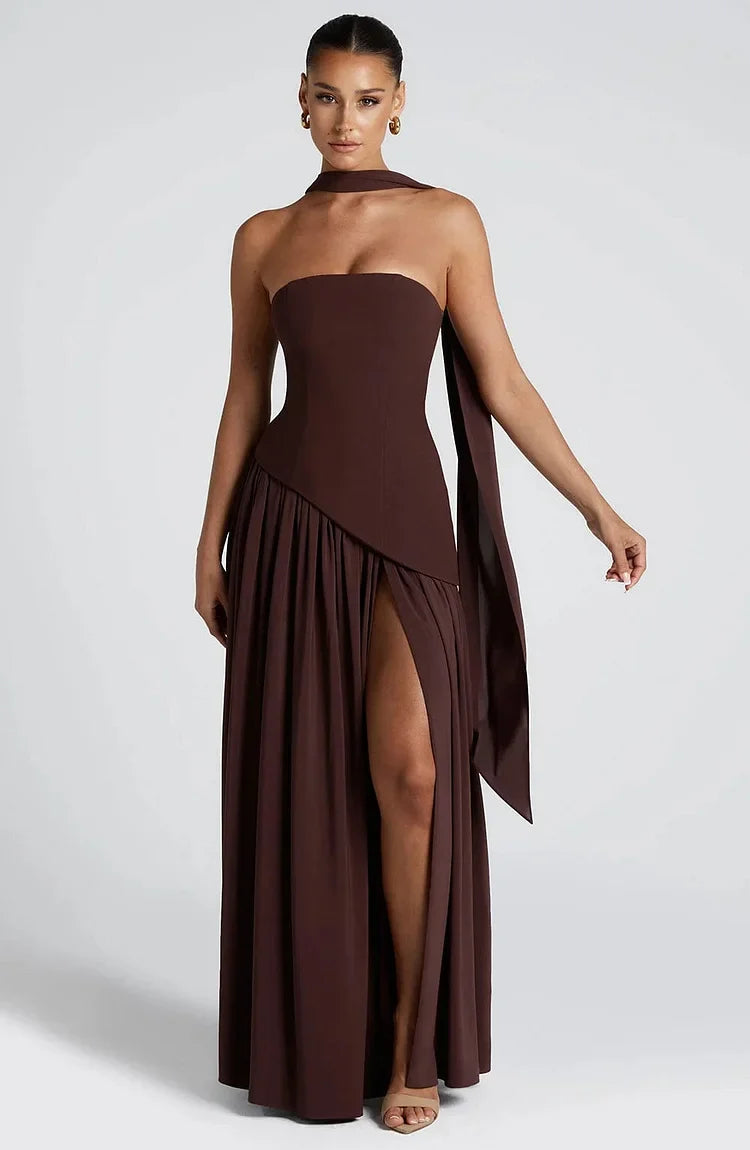 Effortless style: women's strapless asymmetric maxi evening dress.
