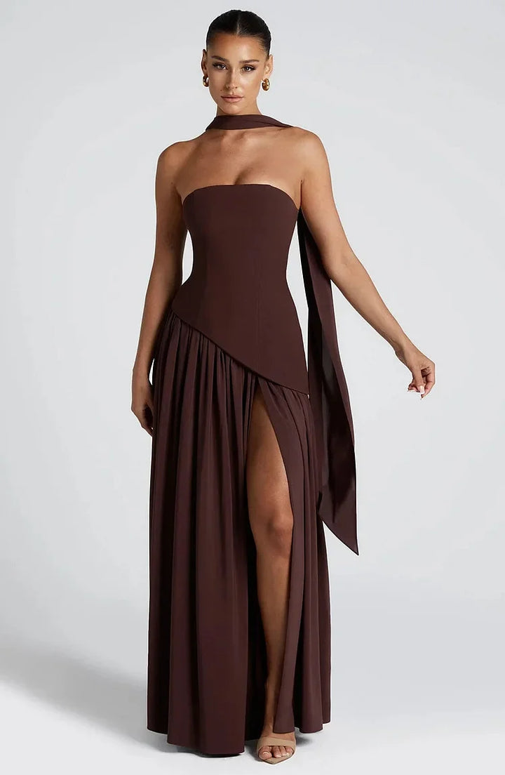 Effortless style: women's strapless asymmetric maxi evening dress.