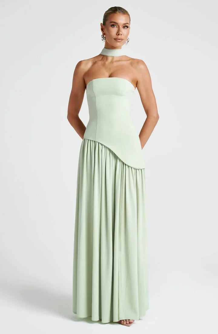Flowy strapless asymmetric maxi dress, perfect for women's evening wear.