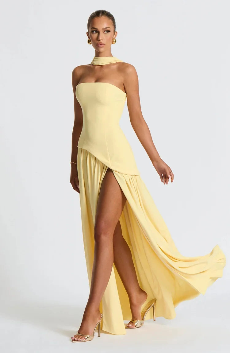 Stylish women's strapless maxi dress, asymmetric hem for a modern look.
