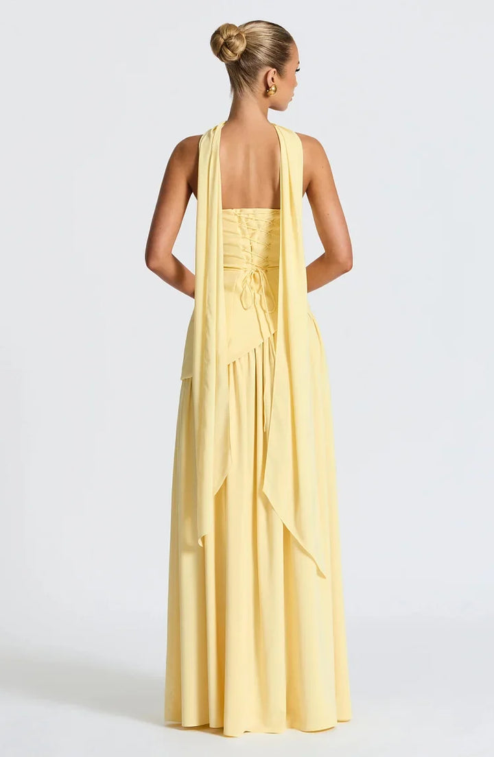 Formal women's strapless maxi dress, asymmetric, flowy, and elegant.