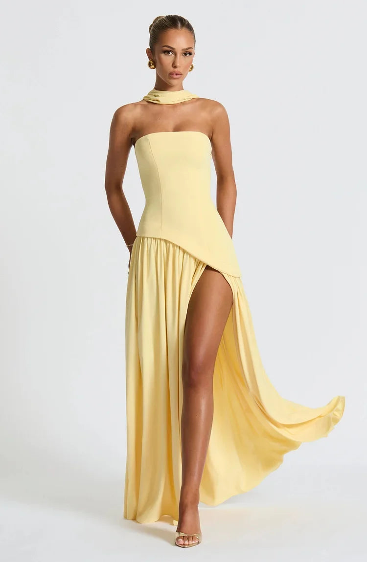 Women's party maxi dress, strapless, asymmetric design, very sophisticated.
