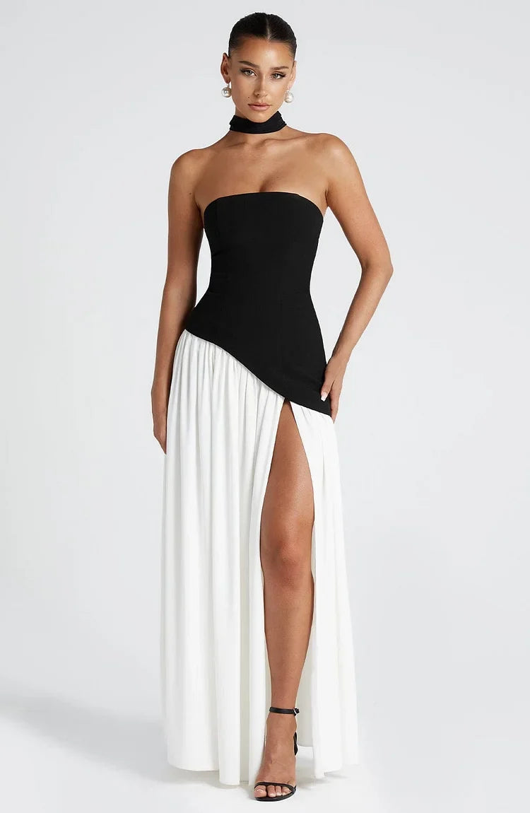 Sophisticated women's formal maxi dress, strapless with an asymmetric hem.