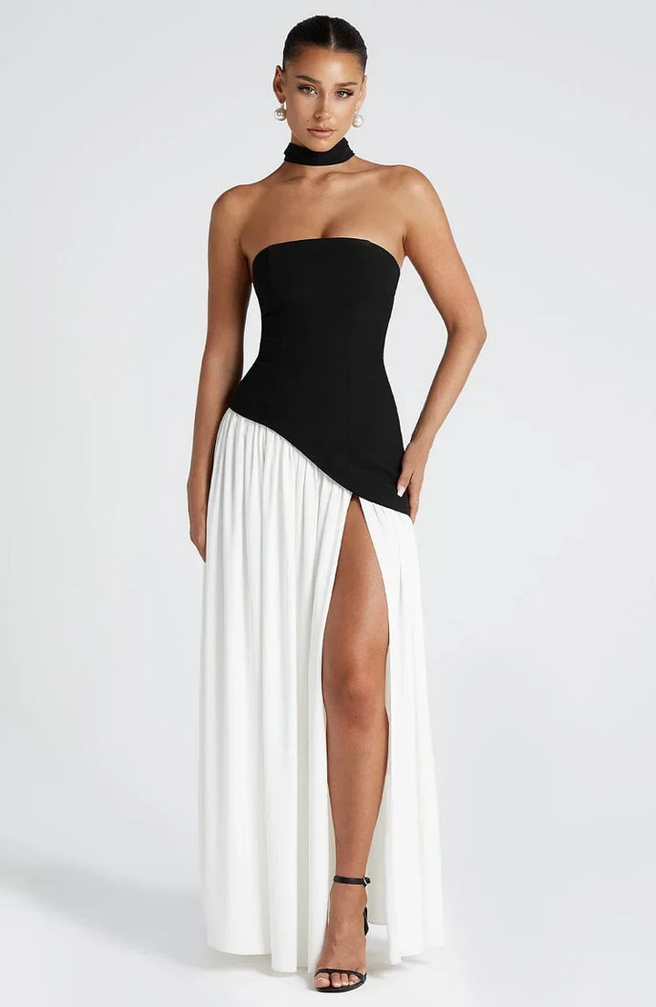 Sophisticated women's formal maxi dress, strapless with an asymmetric hem.