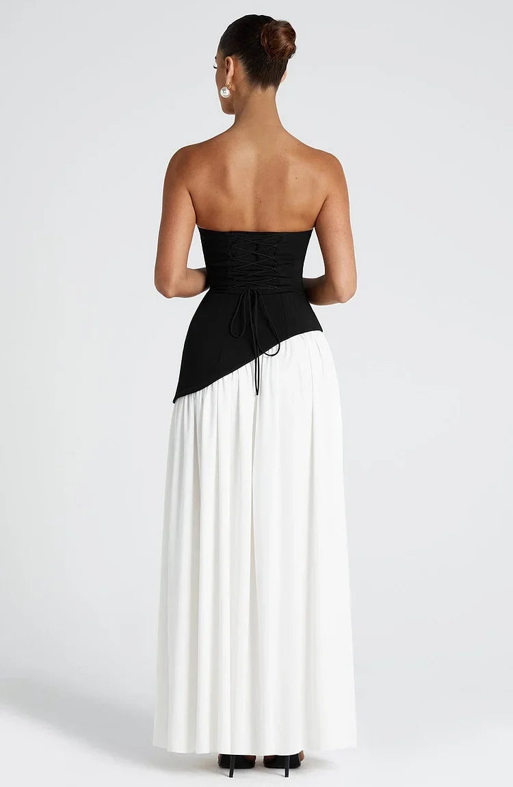 Elegant strapless maxi dress for women, asymmetric design, perfect for parties.