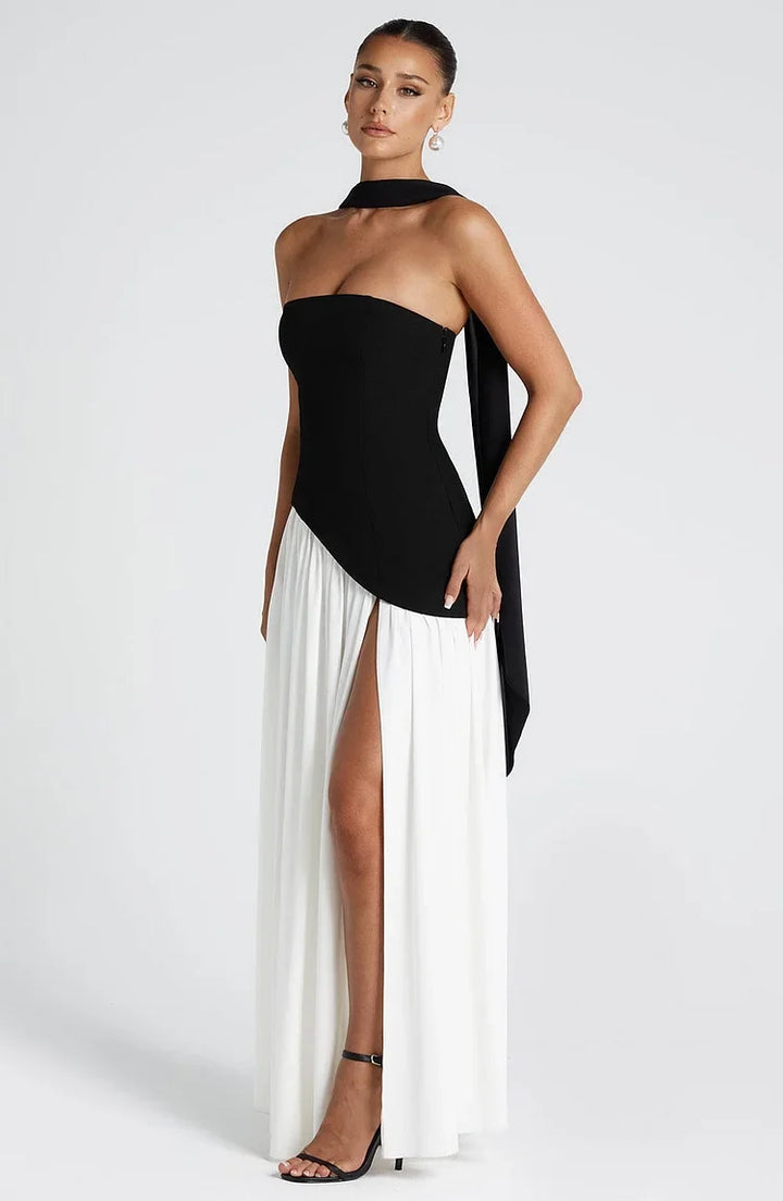 Formal women's party dress, strapless maxi with a chic asymmetric cut.