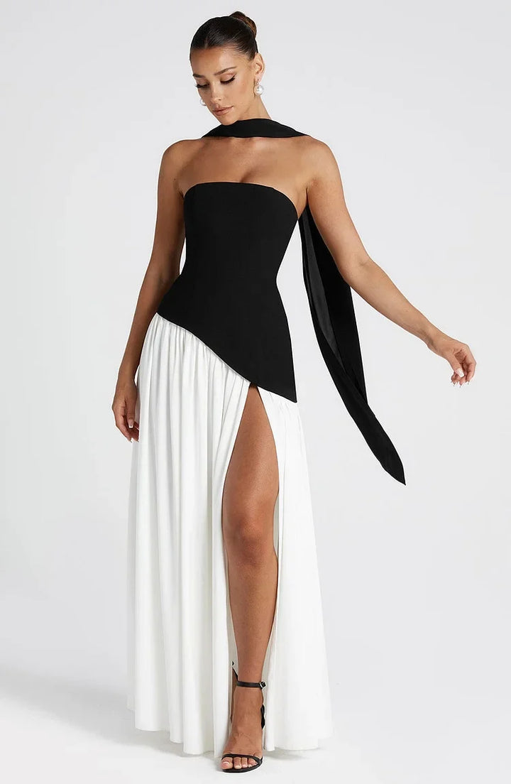 Sophisticated women's strapless maxi dress, elegant asymmetric design.
