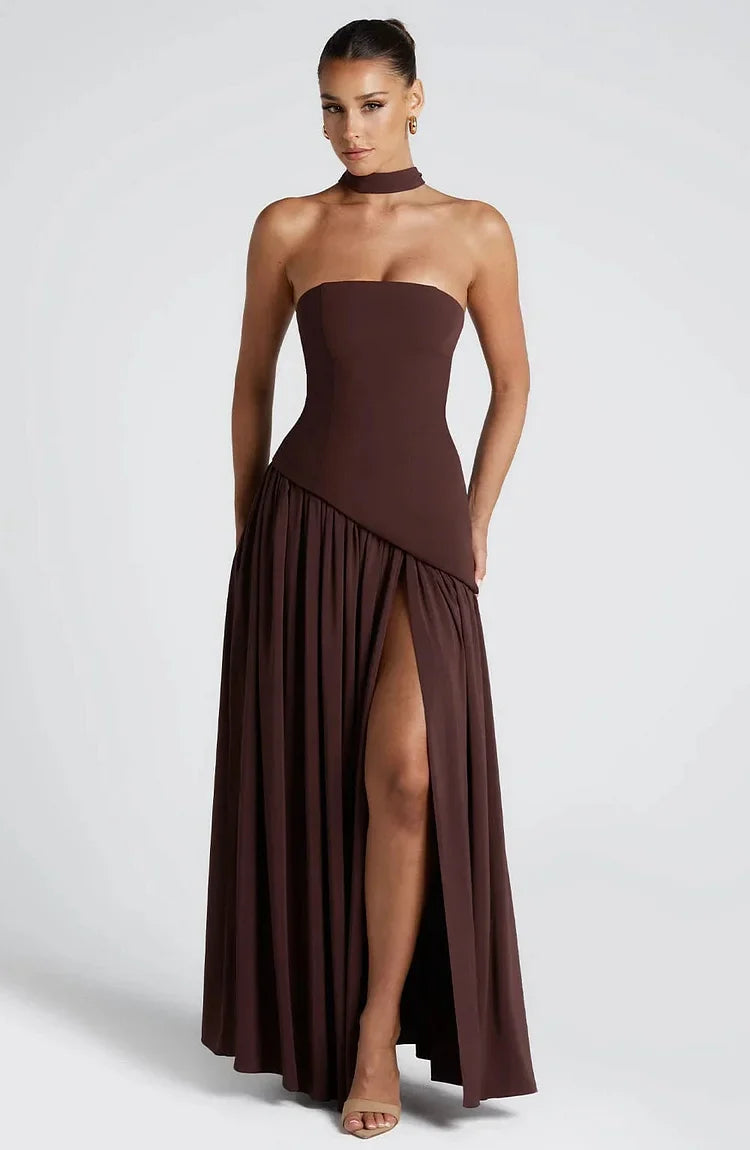Asymmetric strapless maxi dress for women, perfect for elegant evenings.
