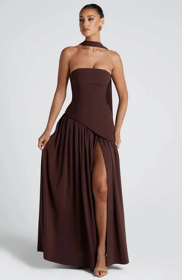 Chic strapless women's maxi dress, asymmetric style for formal occasions.
