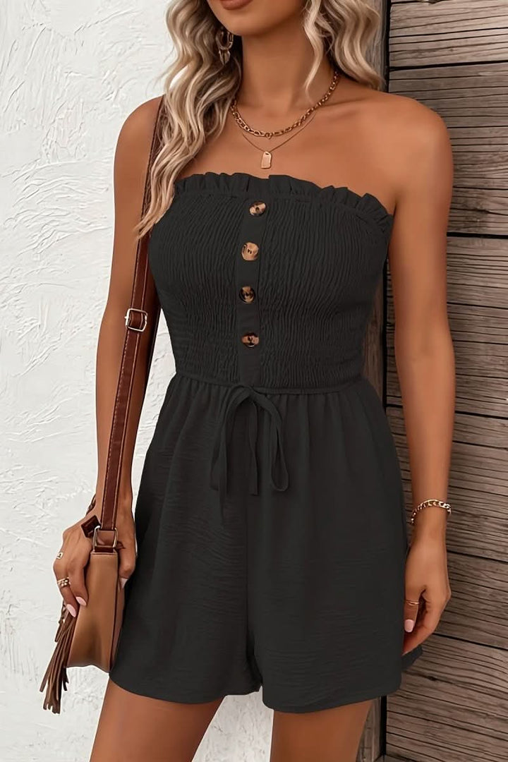 Stylish women's strapless button front romper. A trendy summer playsuit for warm weather & vacation fashion.