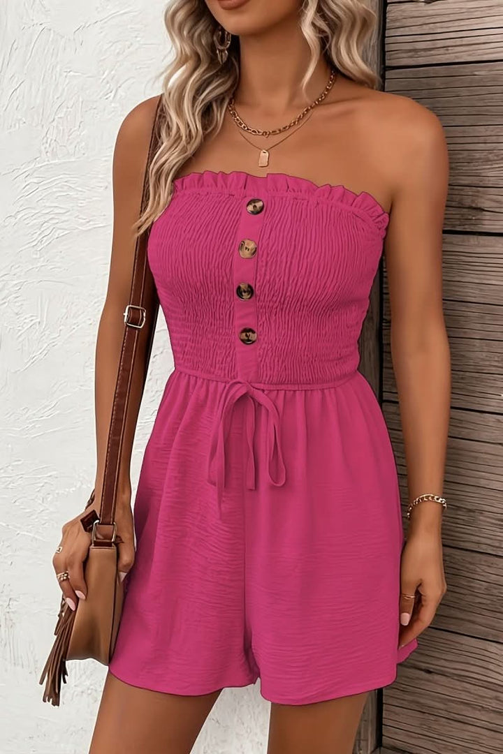 Versatile strapless button front summer romper. Effortless women's fashion for casual comfort & holidays.