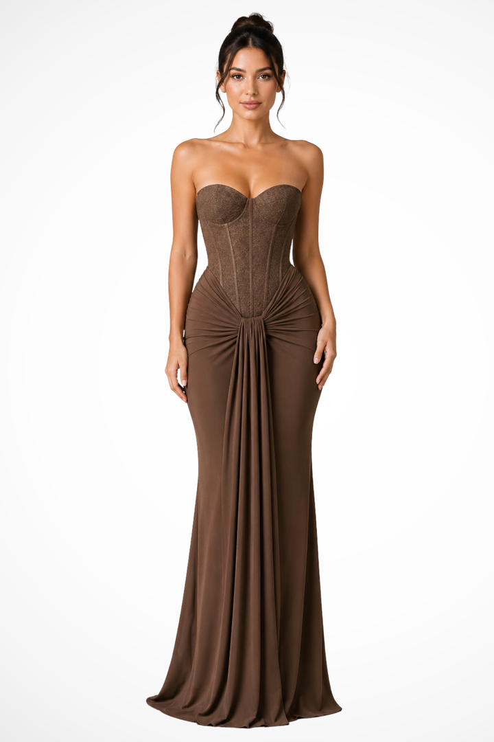 Long strapless corset mermaid maxi dress for women, chic formal evening gown.