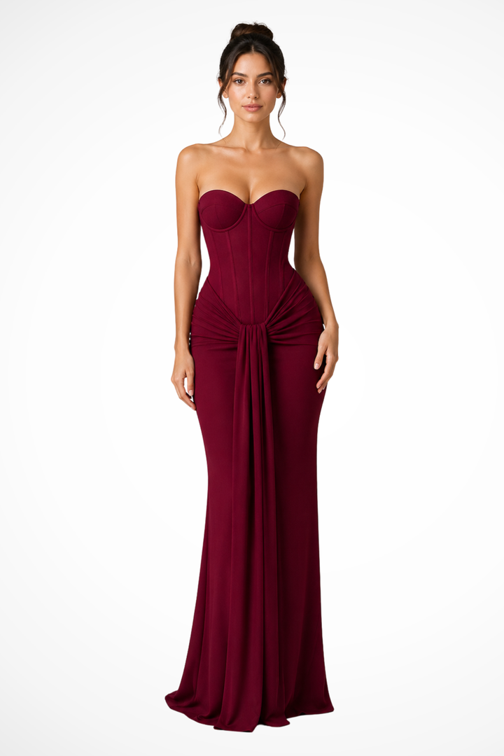Slim fit strapless mermaid maxi dress, women's elegant formal evening attire.