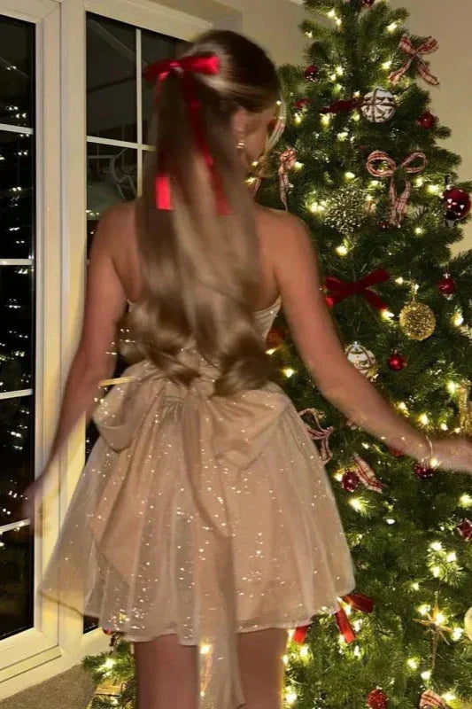 Sparkling gold strapless glitter mini dress for women's homecoming or dance events.